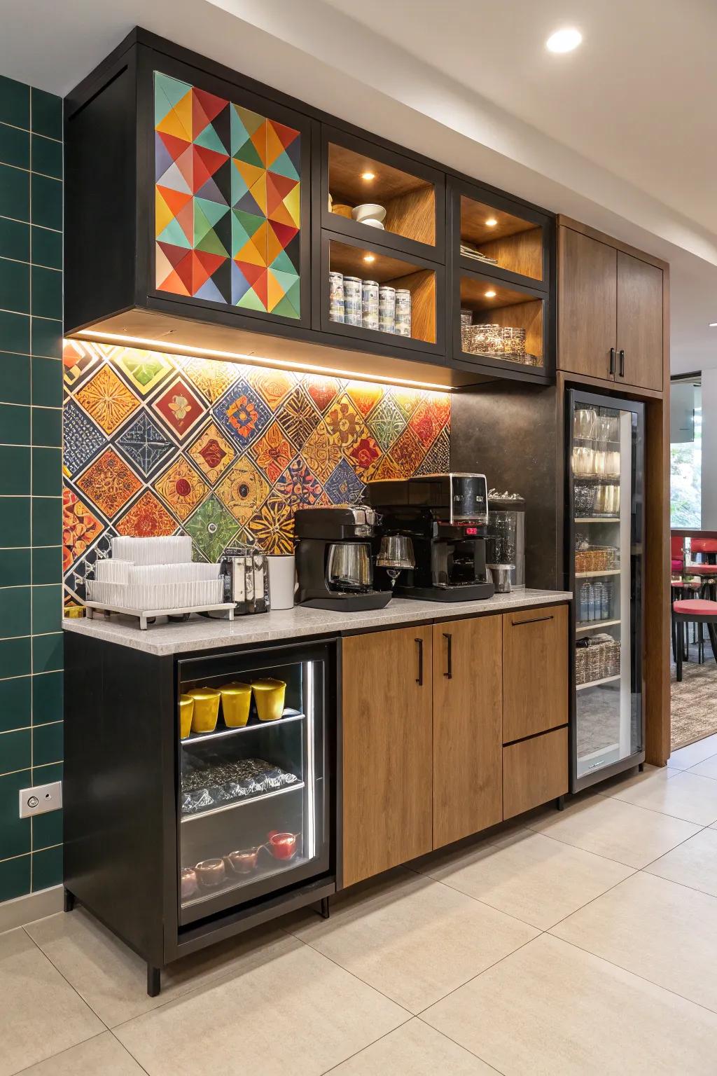 A striking backsplash generating dramatic visual effects.