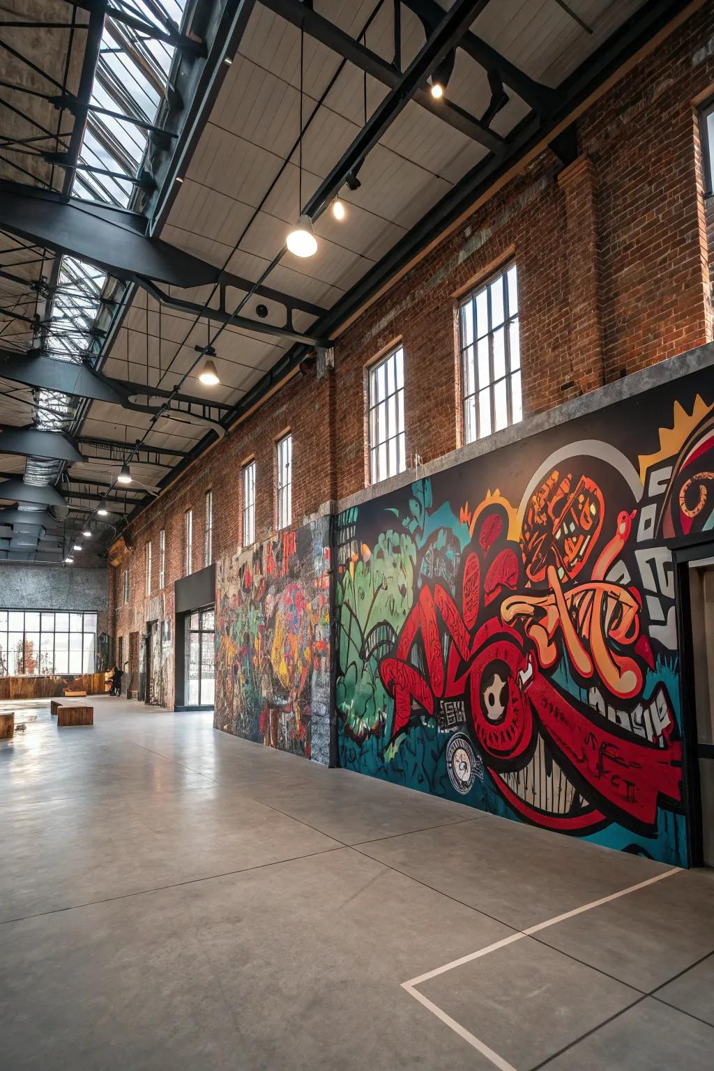 A large room showcasing a full wall graffiti art.