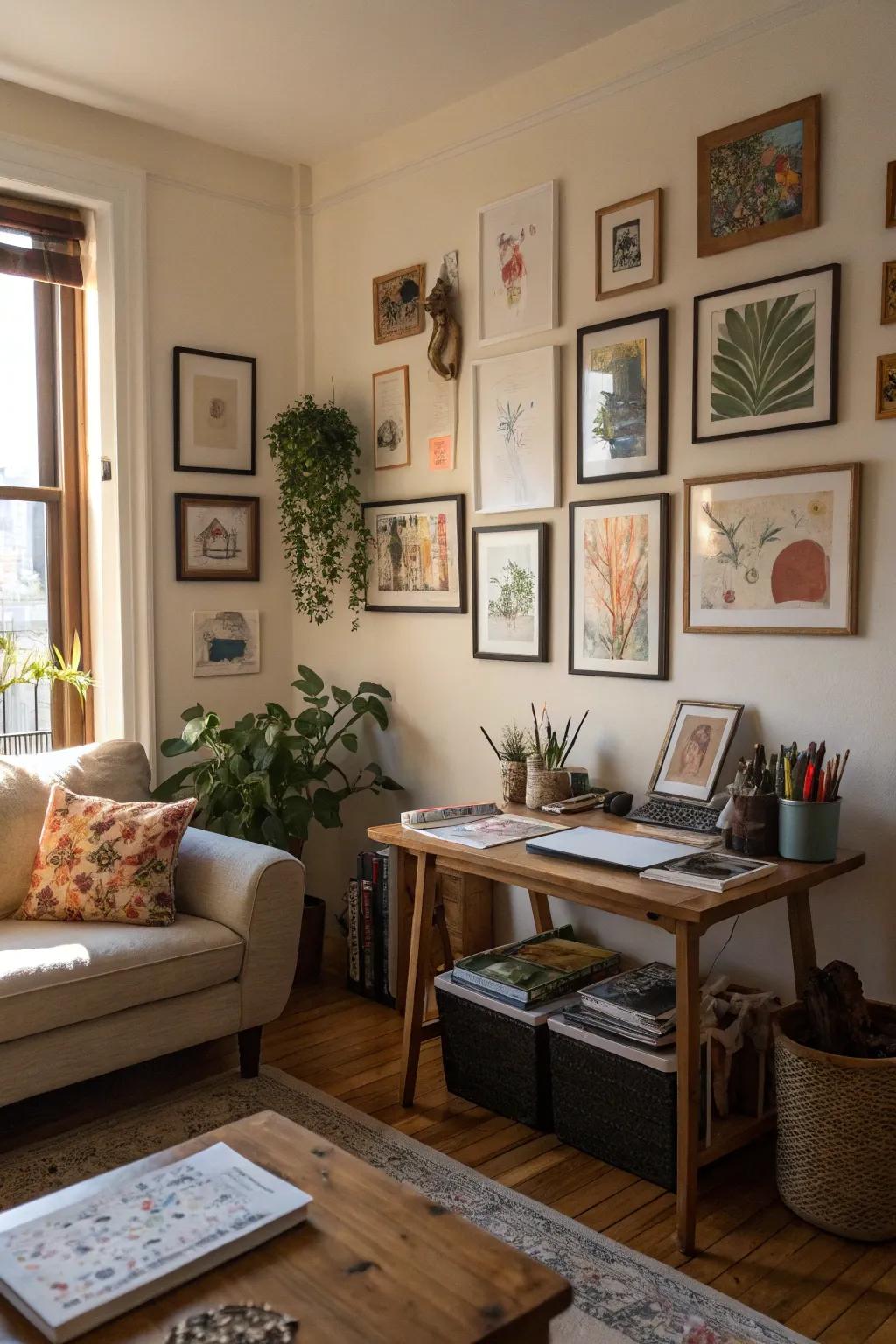 Artistic elements create an inspiring workspace.