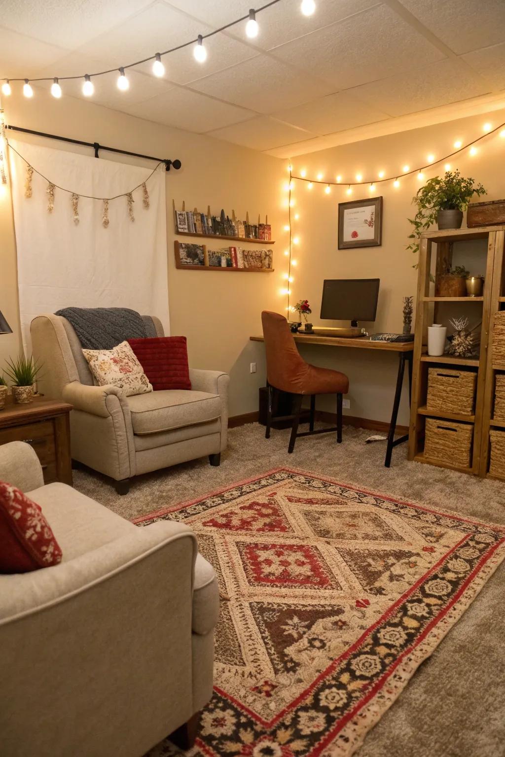 A welcoming computer room with a cozy rug that adds warmth.