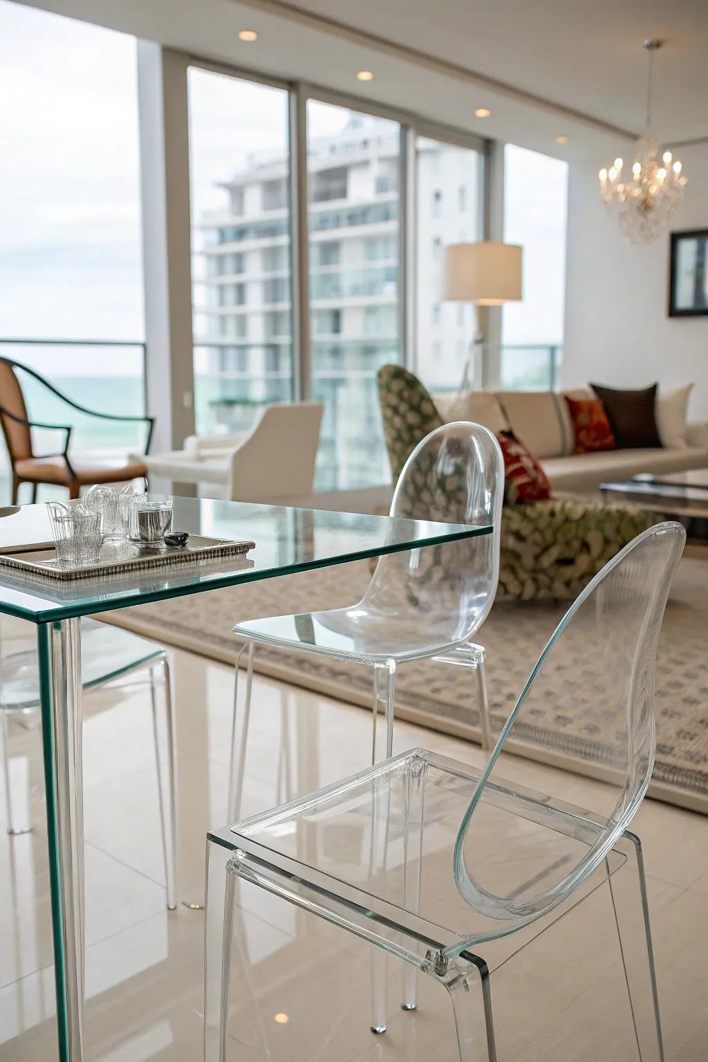 See-through furniture enhances fluidity and openness.