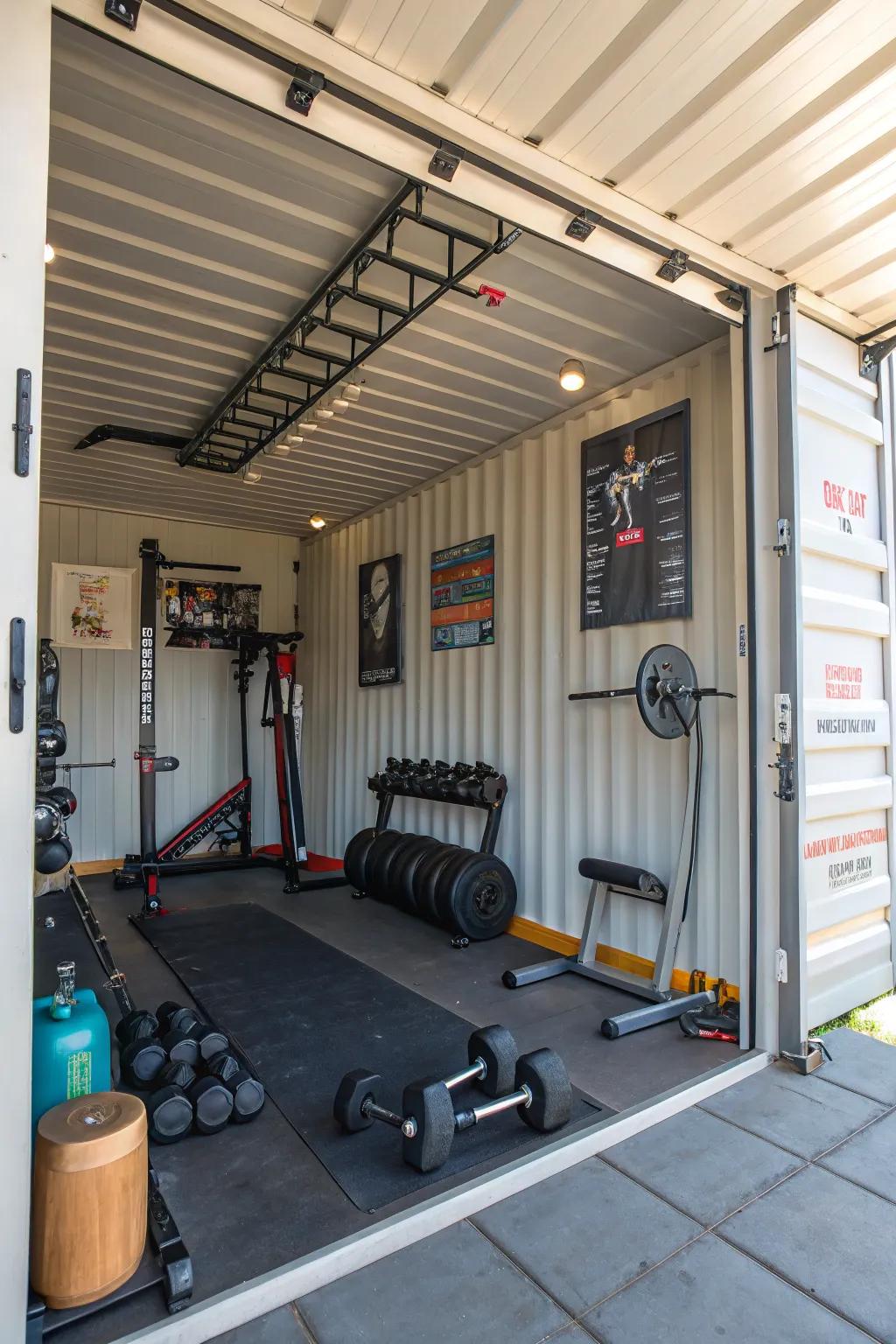 Transform your shipping container into a personal gym space for daily workouts.