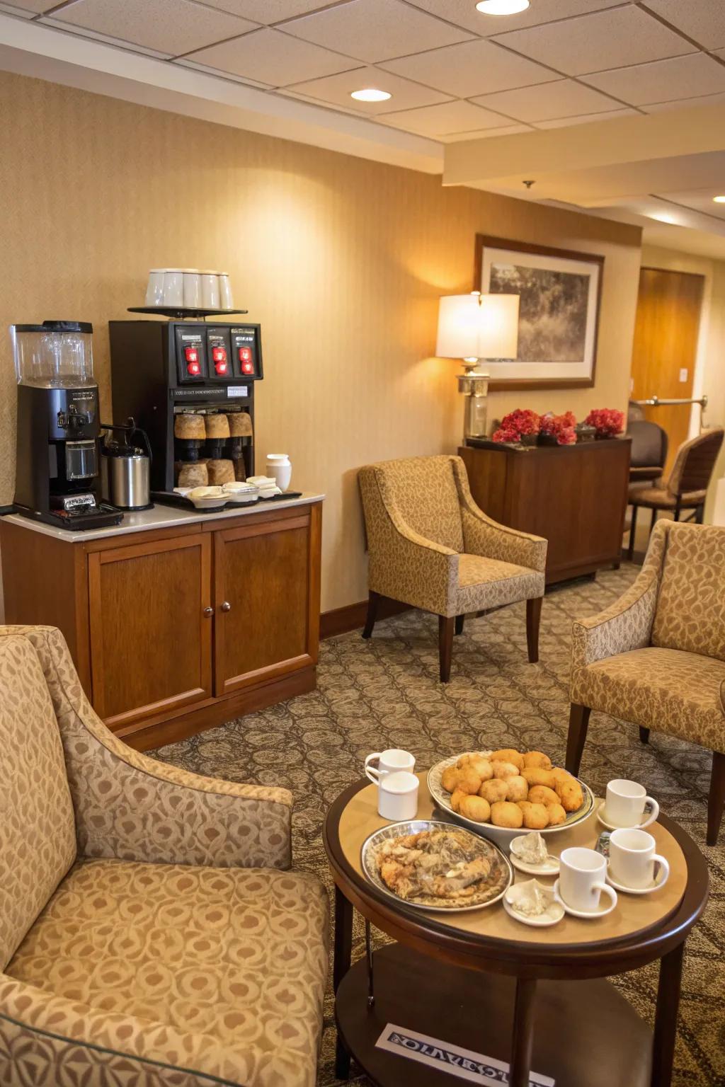 A coffee corner lends hospitality and charm to the space.