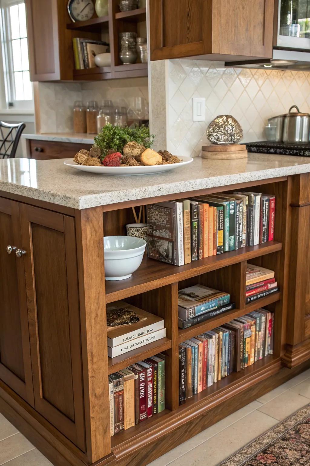 A counter-height bookshelf blends seamlessly into kitchen decor.
