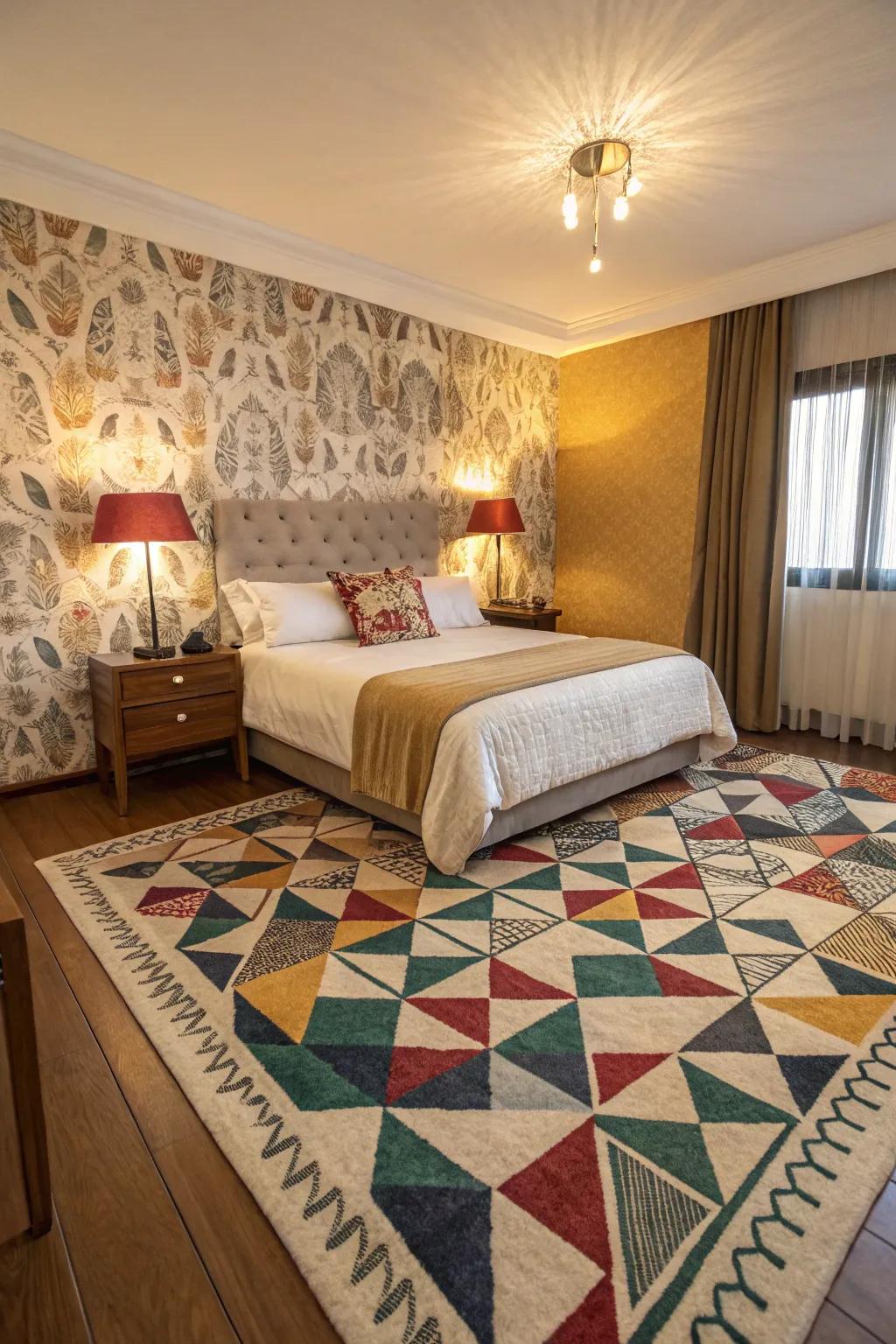 Geometric patterns infuse the bedroom with modern energy and style.