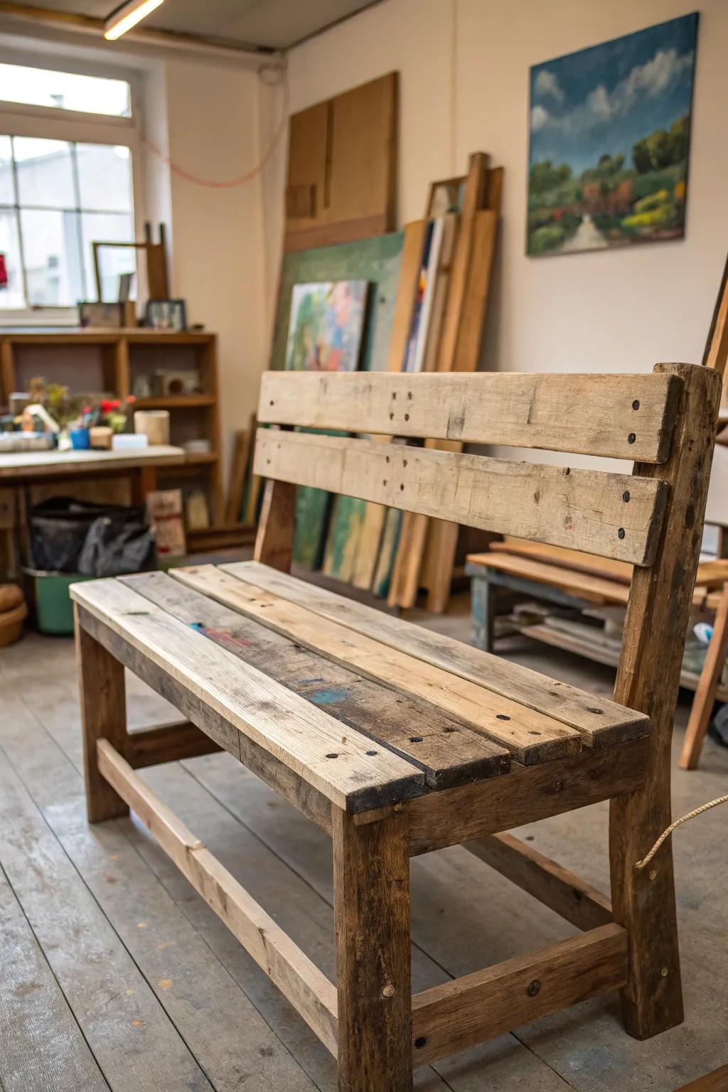 A sustainable bench made from reclaimed materials.