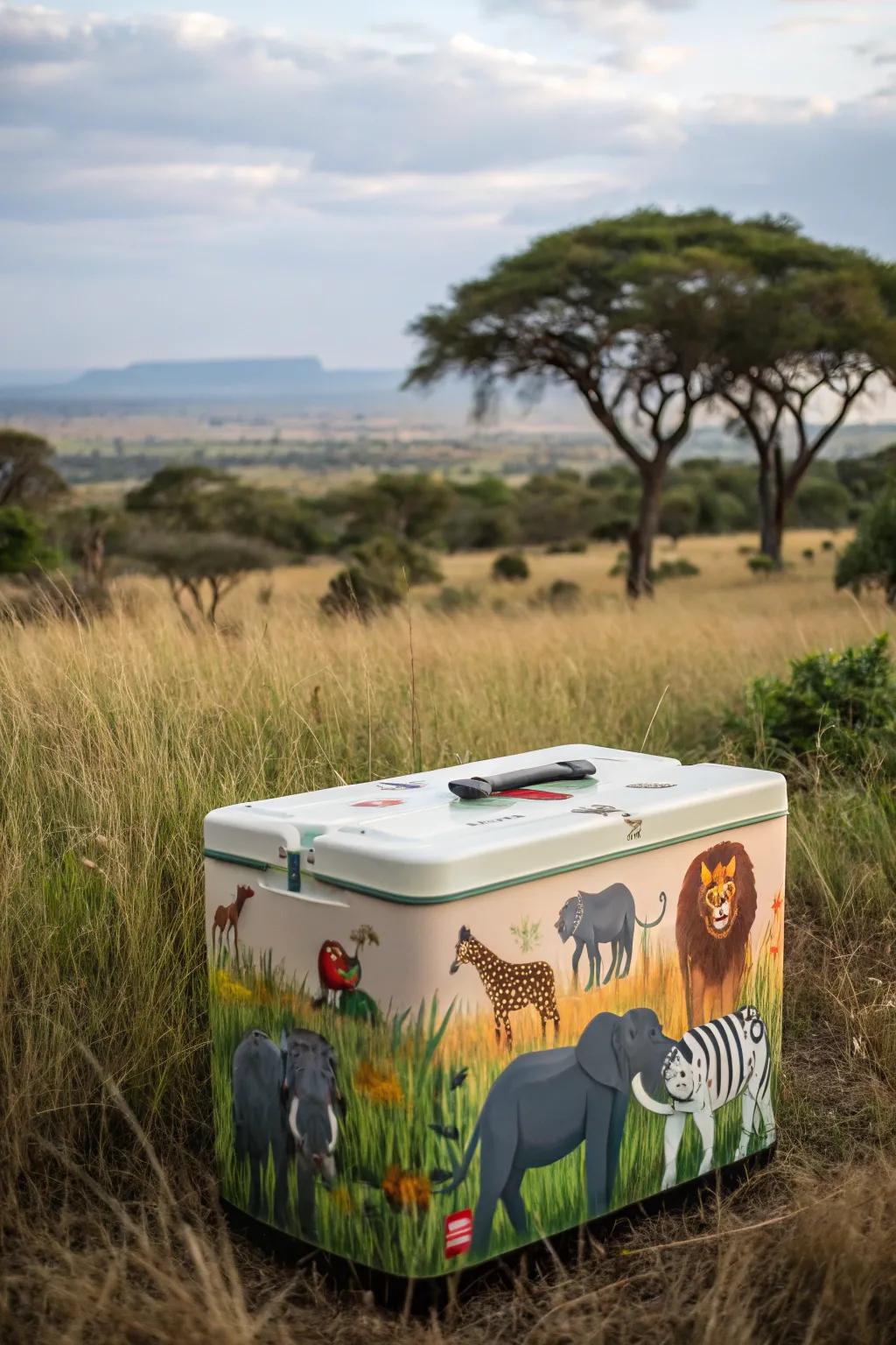 A cooler adorned with stickers from the animal kingdom.