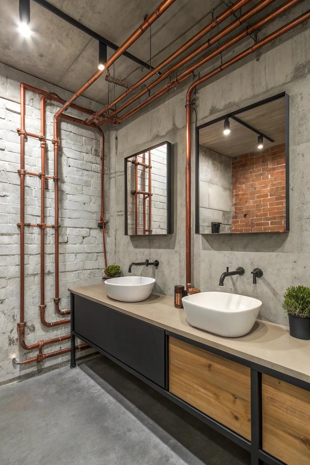 The design of a bathroom is given a factory edge by exposed copper pipes.
