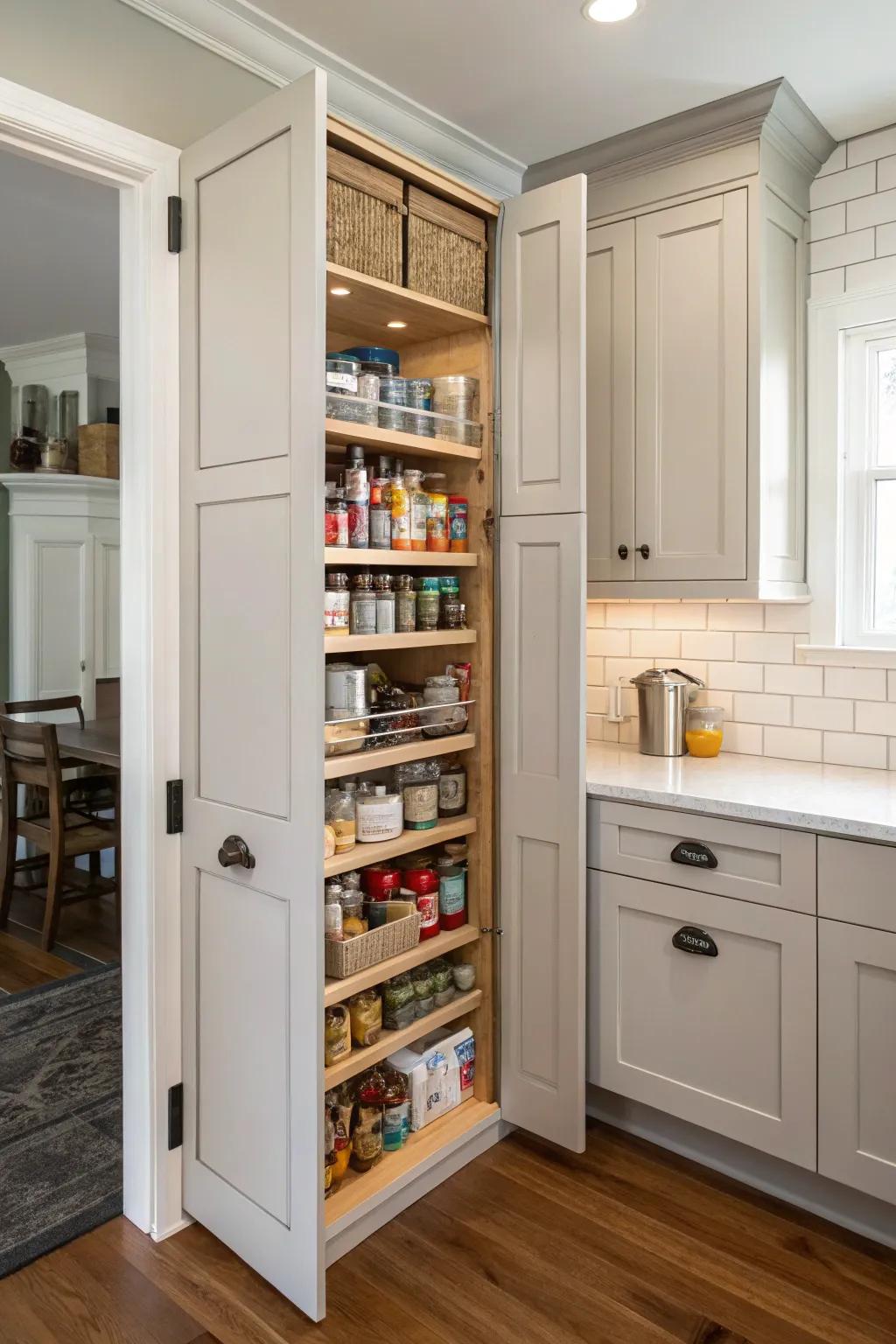 A hidden corner pantry access for a seamless storage solution.