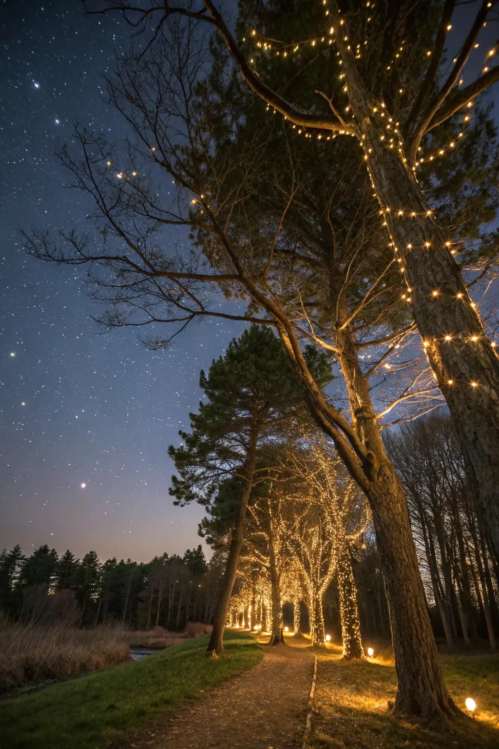 A dreamy firefly impression fashioned by small diode lights in trees.