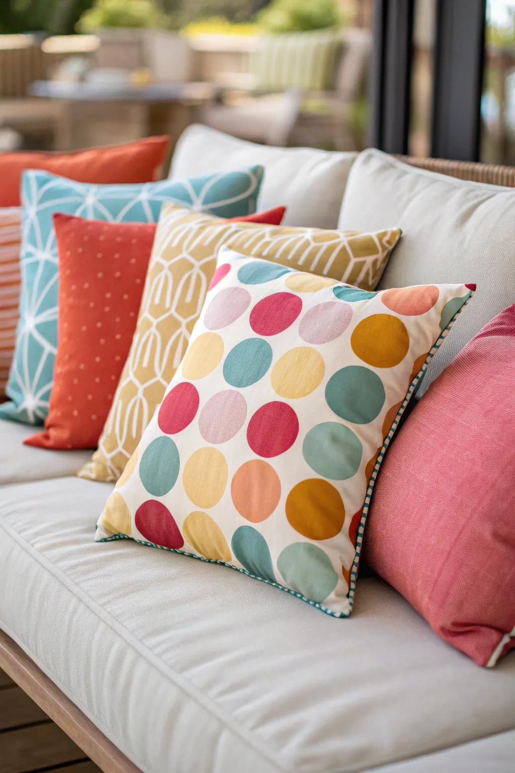Different shapes add visual interest to the cushion arrangement.