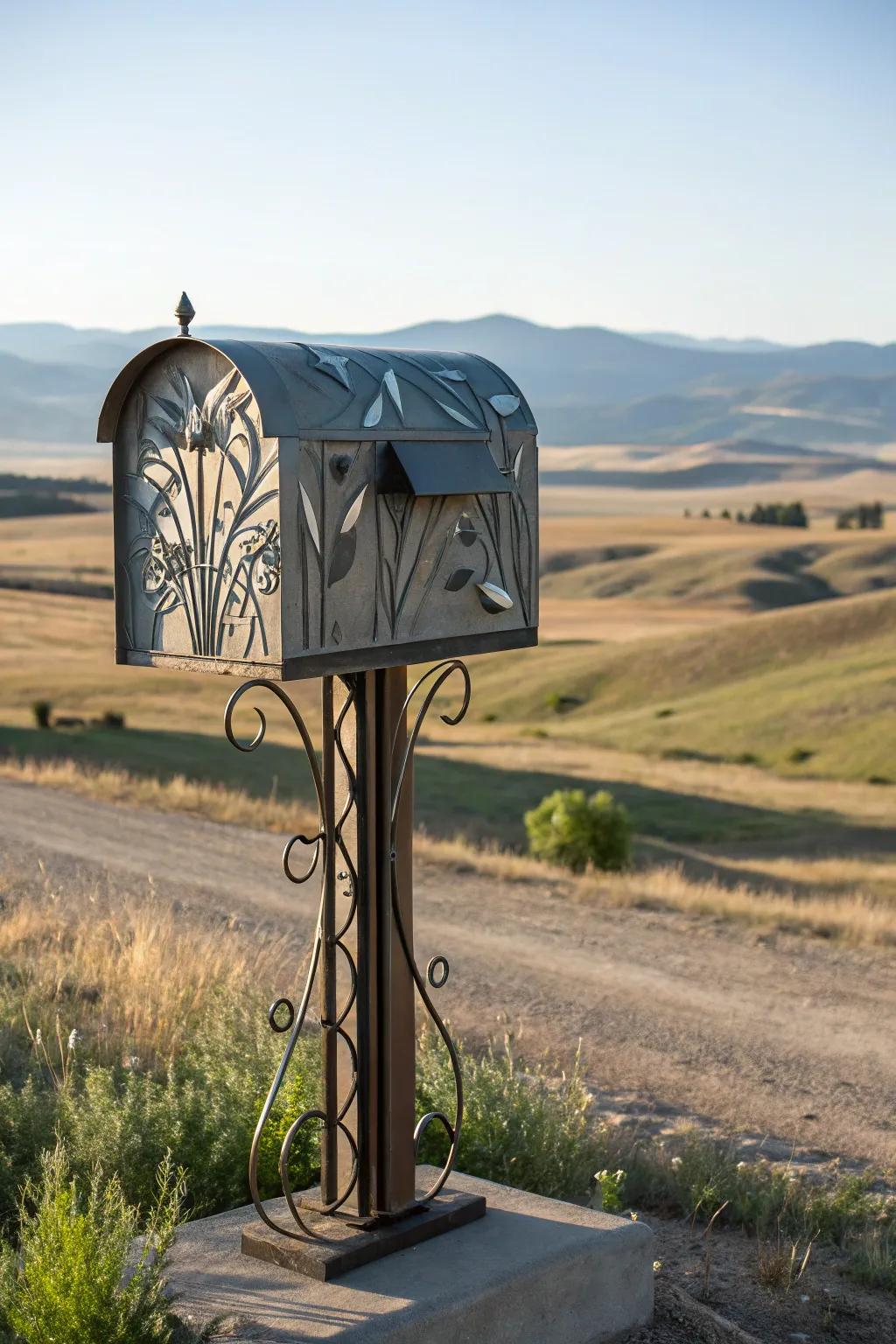 A sculpted metal mailbox captivates with its modern artistry.