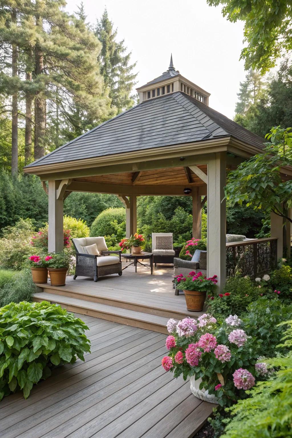 Lodges offer elegant open-air coverage for decks.