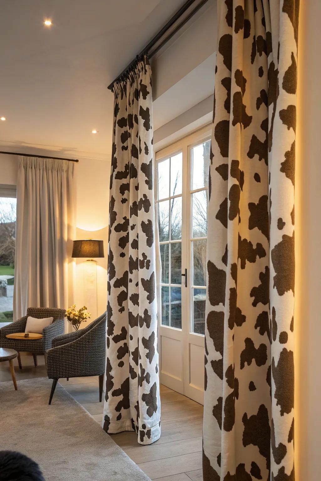 Spotted bovine window coverings make a daring and visual statement in any kind of space.