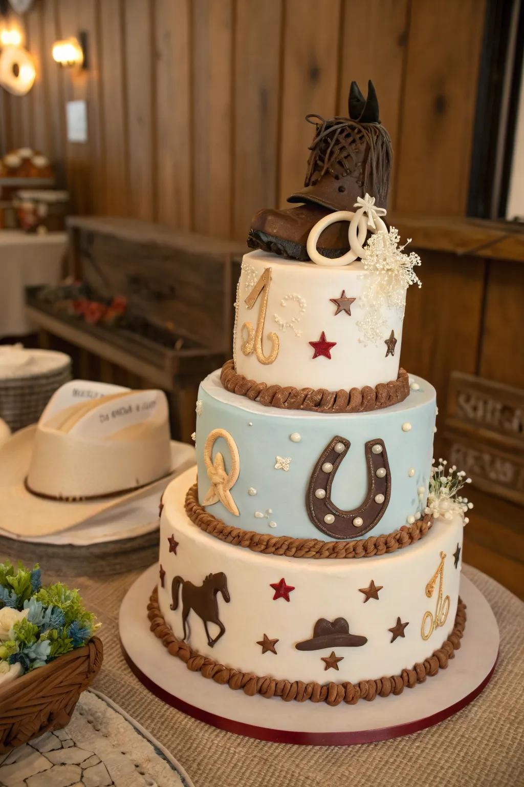 A horseshoe design imparts a lucky charm to this cowgirl baby shower cake.