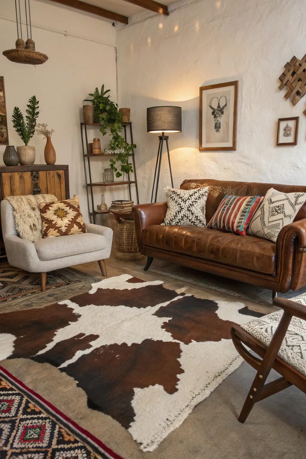 A room showcasing mixed styles with cowhide accents for a unique look.