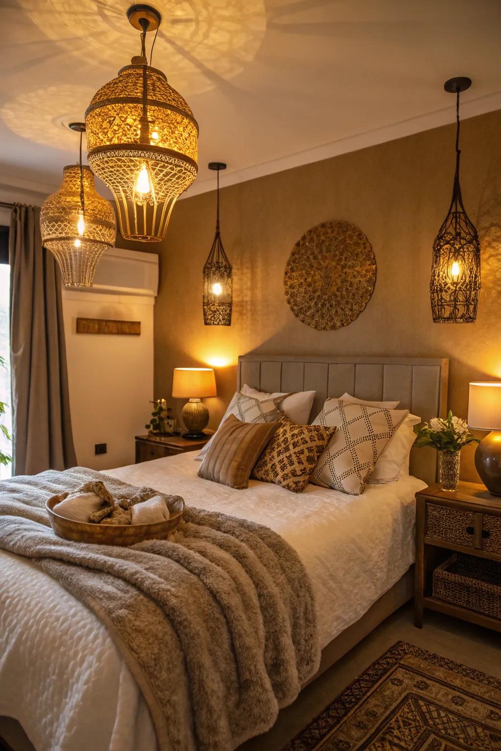 A bedroom bathed in the glow of burnished gold lighting accents, radiating a cozy allure.