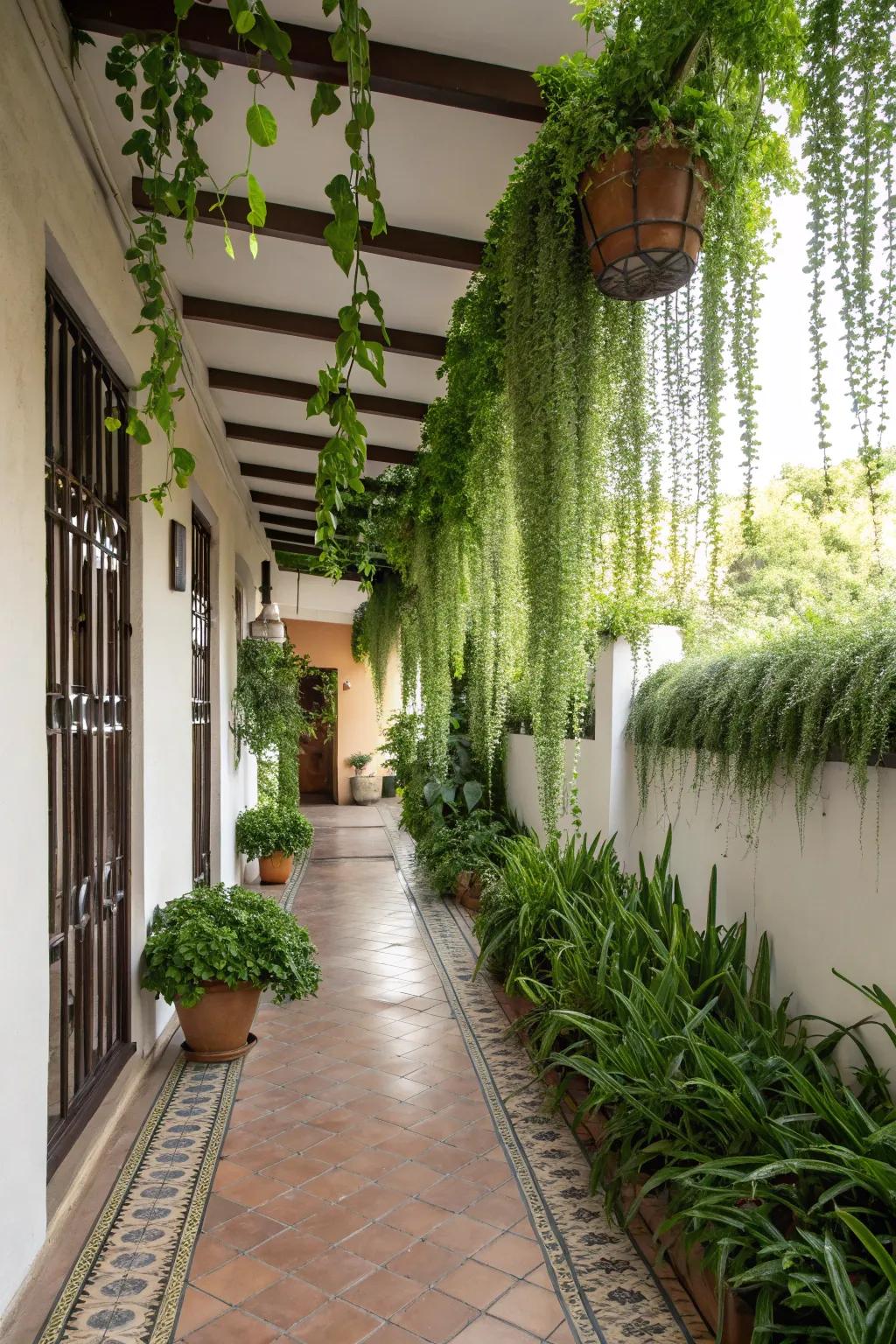 Hanging plants add greenery without using any floor space.