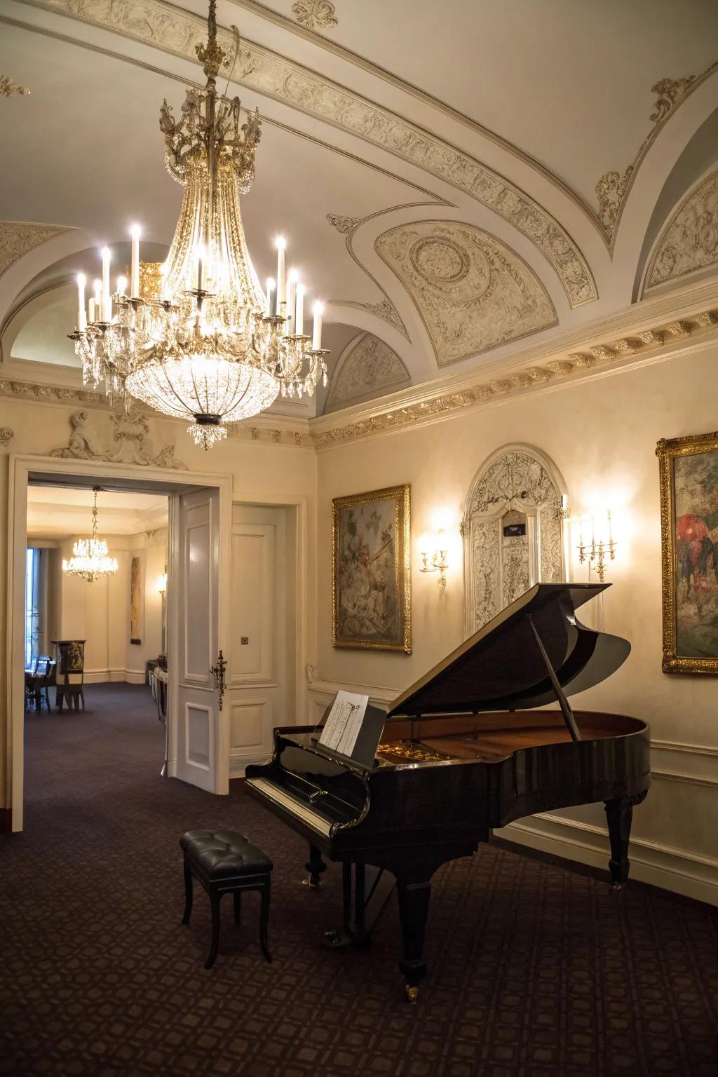 A chandelier adds a touch of grandeur.