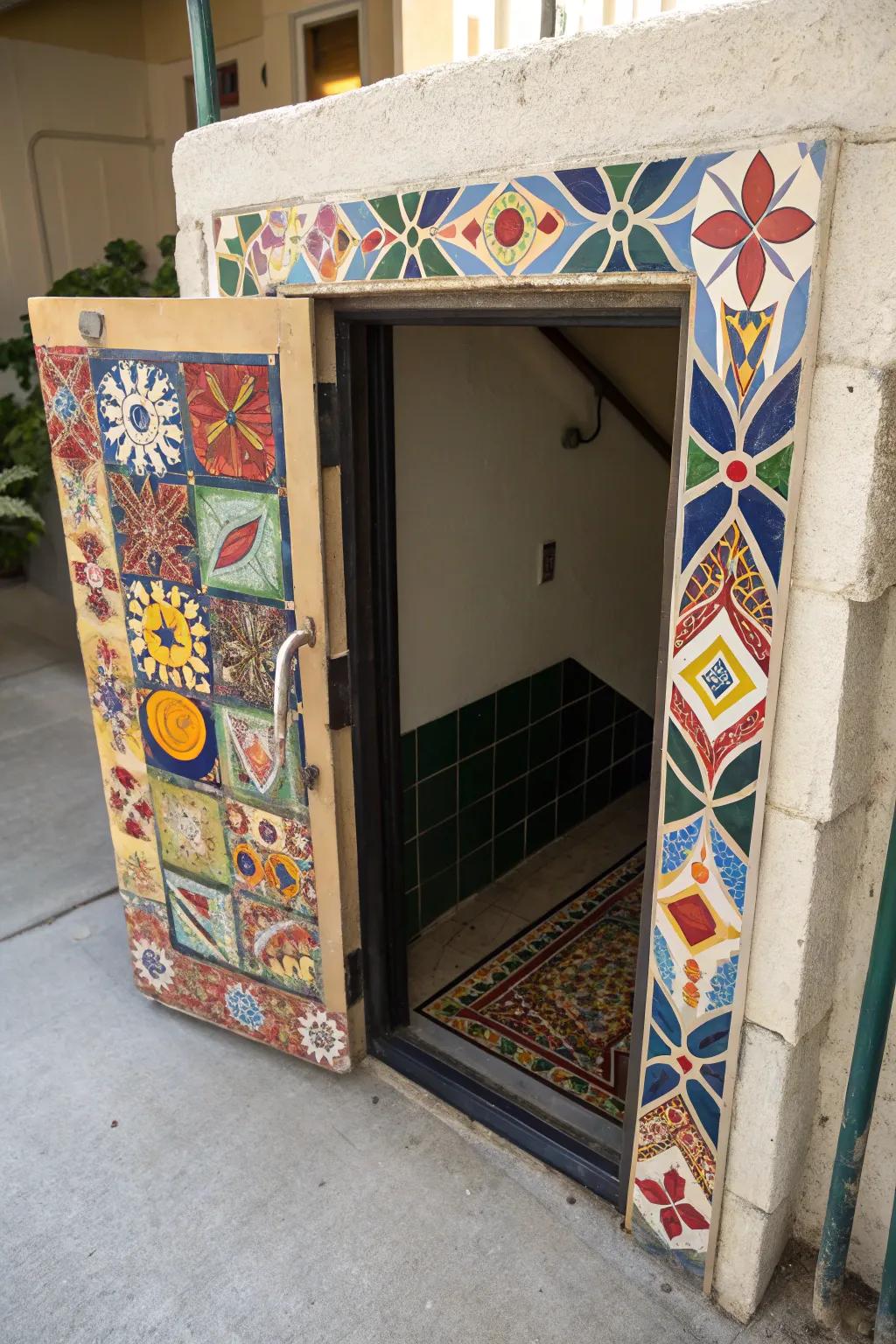 A detailed design transforms a crawl space door into an artistic expression.