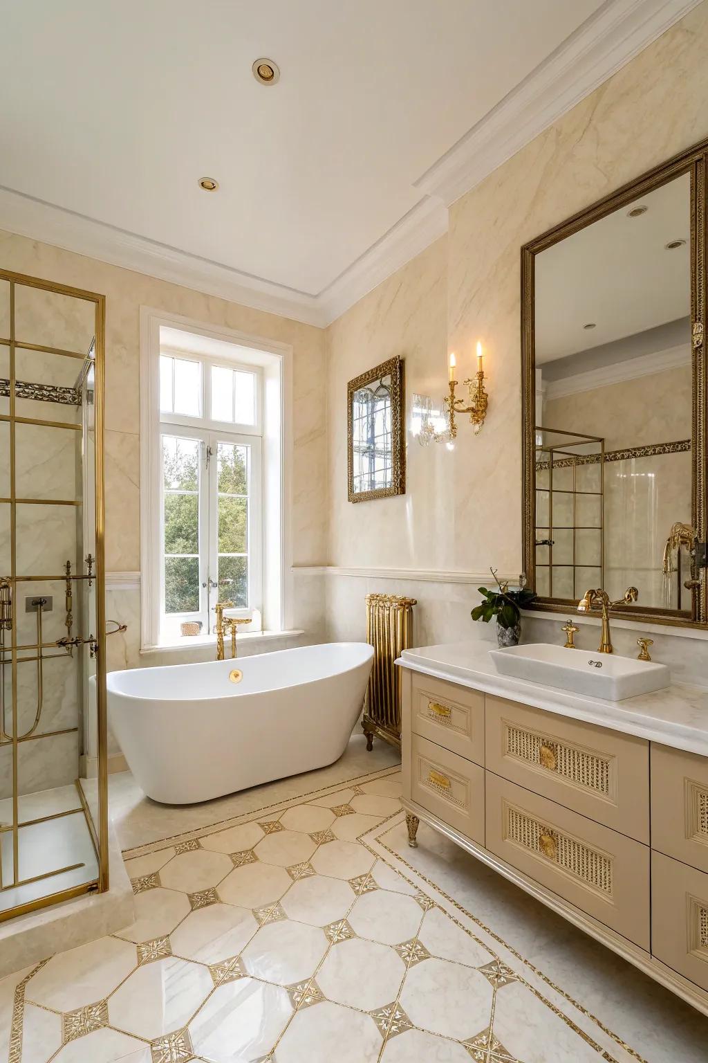 Brass fixtures add a vintage touch to this cream bathroom.