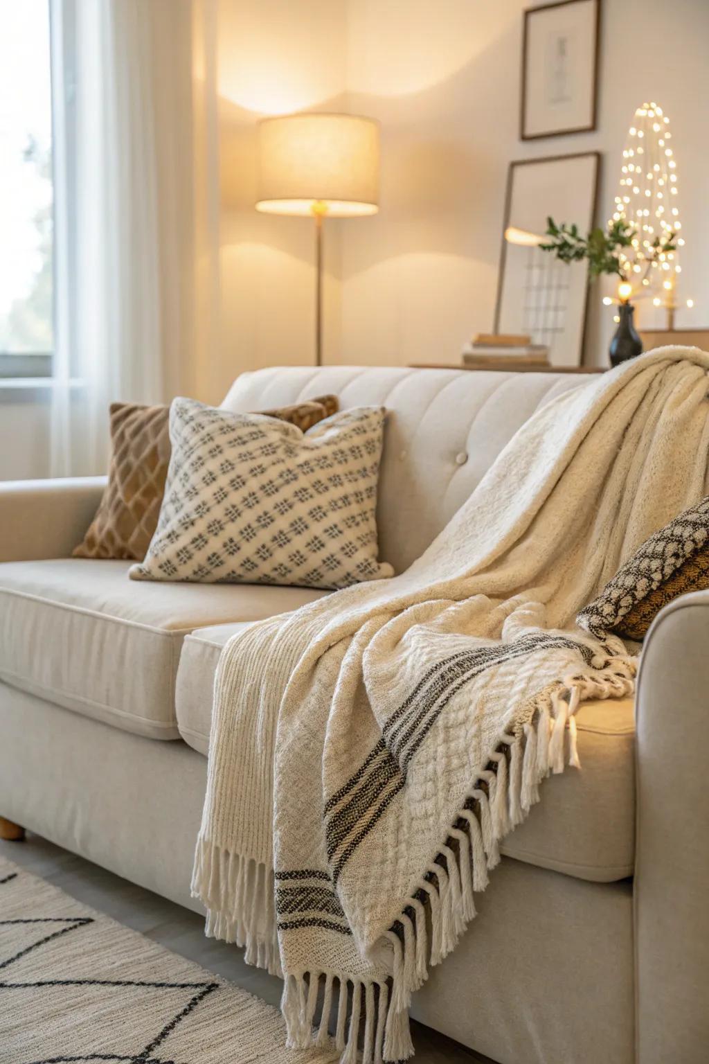Snug wraps enhance the warmth and texture of a vanilla settee.