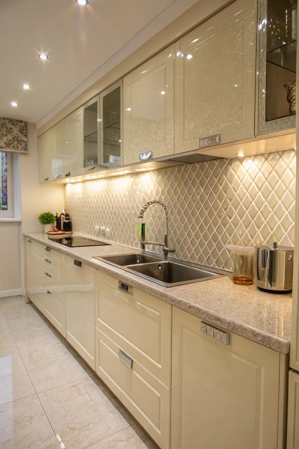 Tactile tiles enriching depth and intrigue within a cream gloss kitchen.