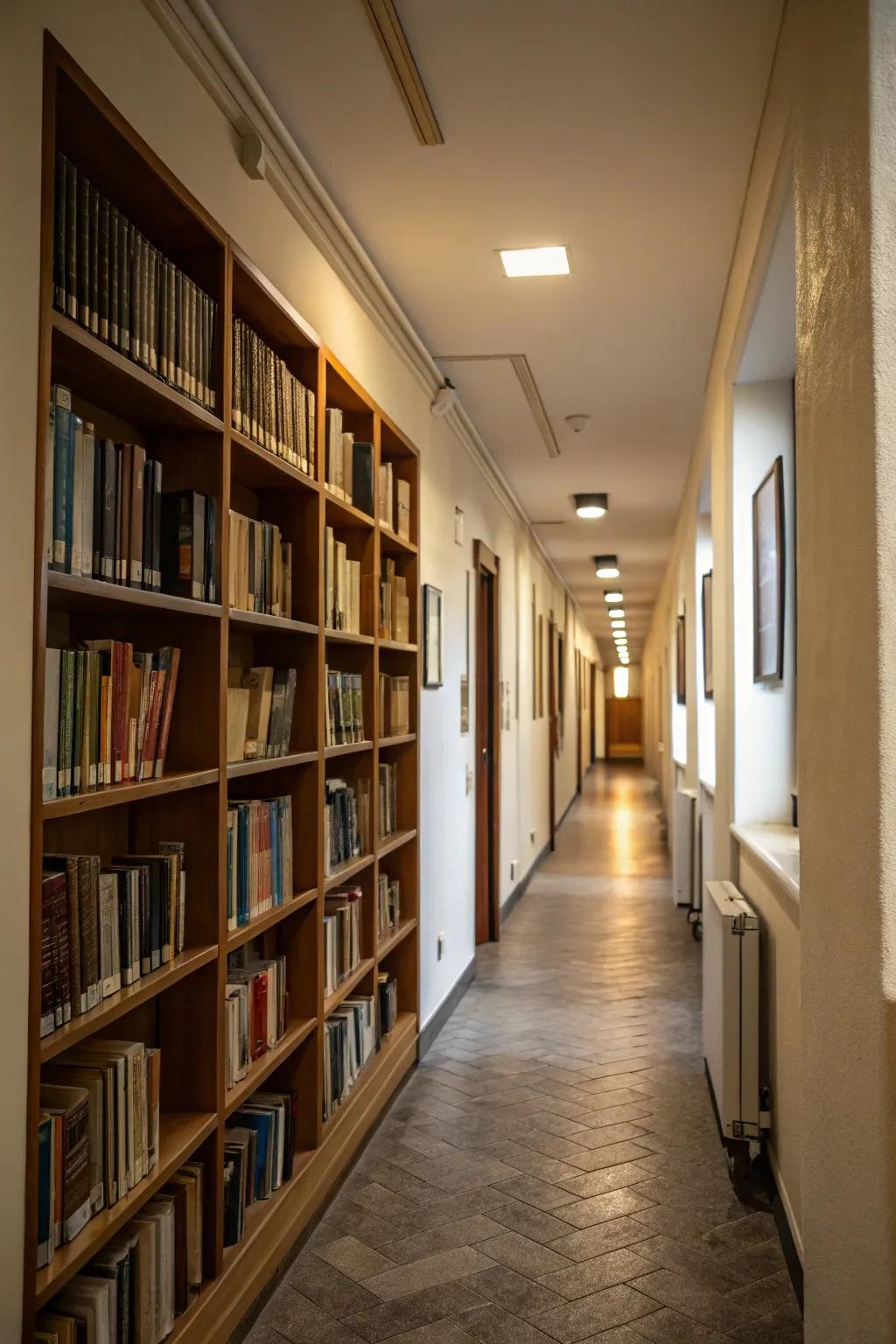 Hallway bookcases transform a transitional area into a book paradise.
