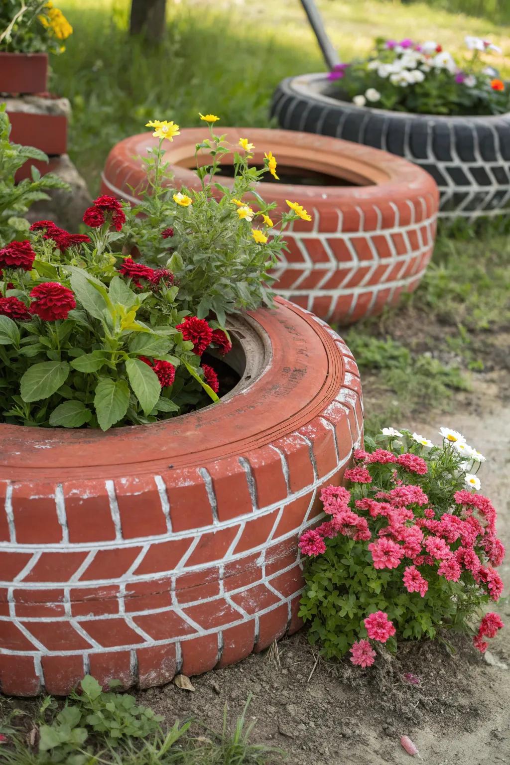 Artistic brick-patterned tire beds in a garden setting.