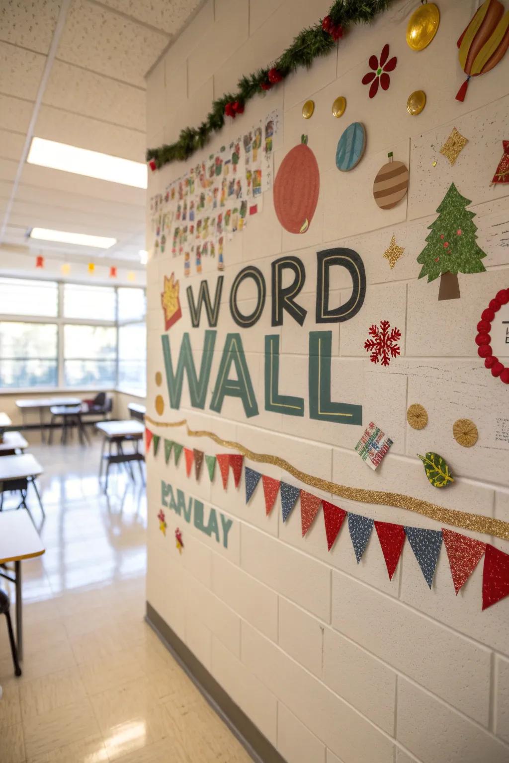A seasonal word wall with decorations changing through the year