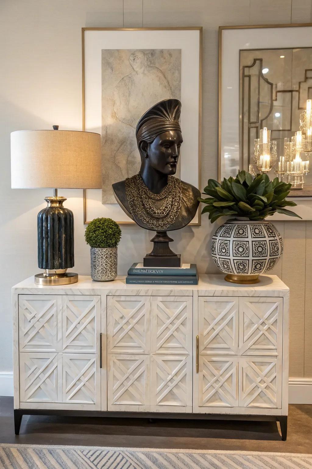 A credenza featuring a bold sculpture as a centerpiece.