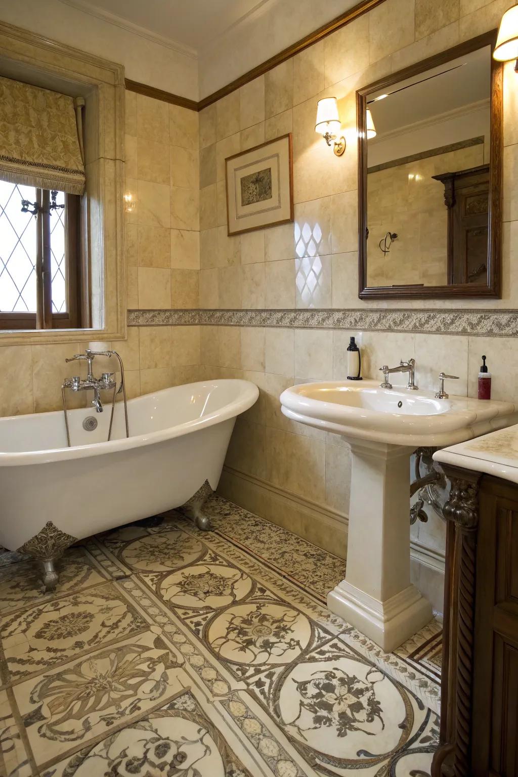 Vintage charm and crema marfil craft an ageless area.