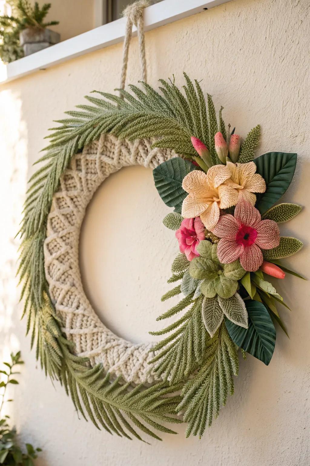 Bring a touch of paradise home with this exquisite crochet tropical wreath.