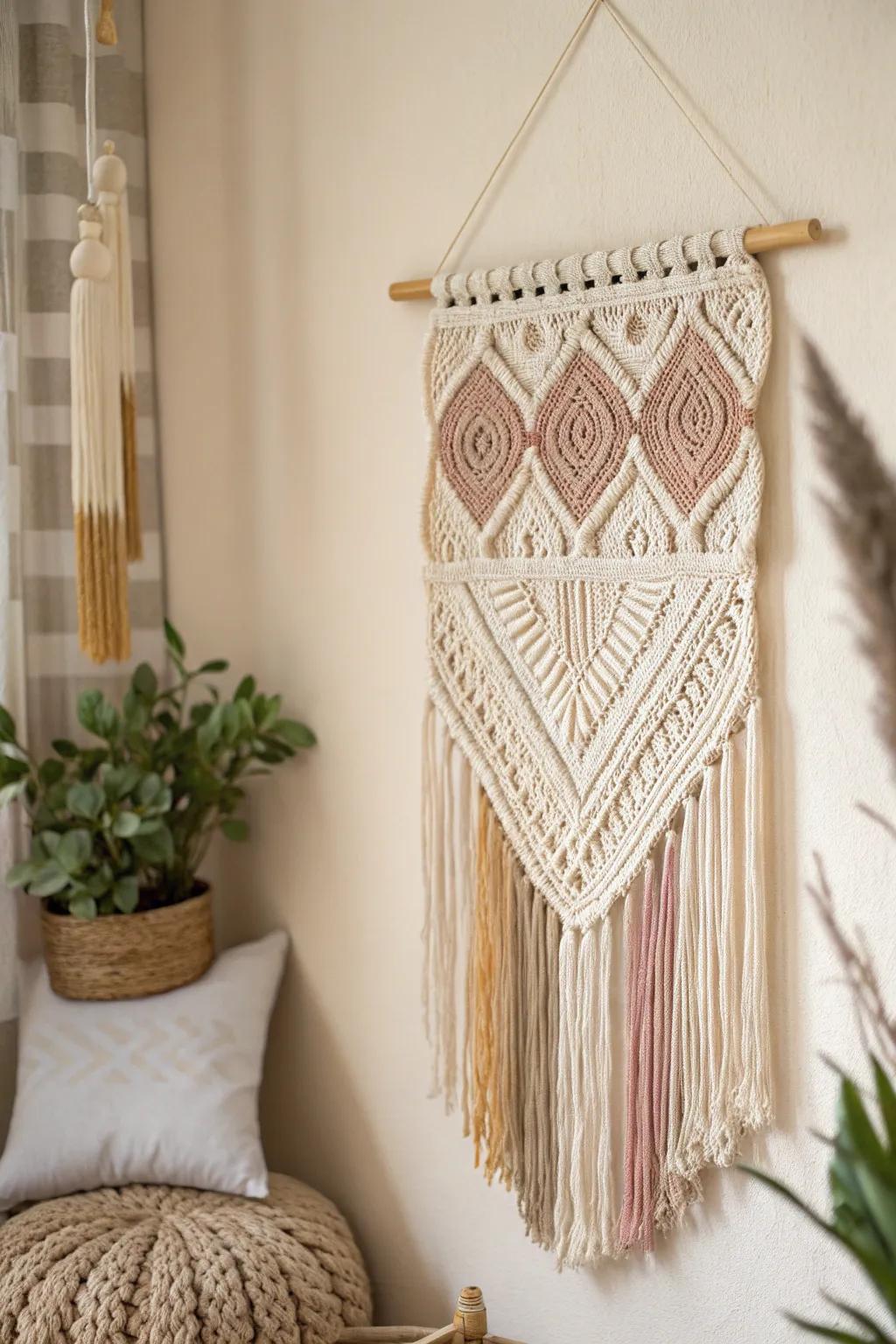 Showcase your space with the elegance of a handmade knit wall decor, where minimalist design meets bohemian charm.