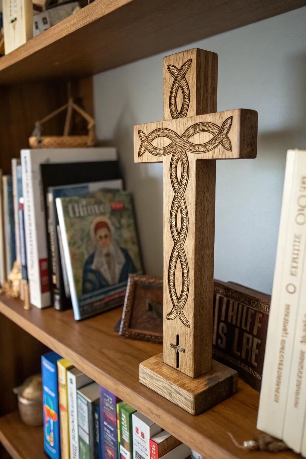 Cross with an ichthus icon carving