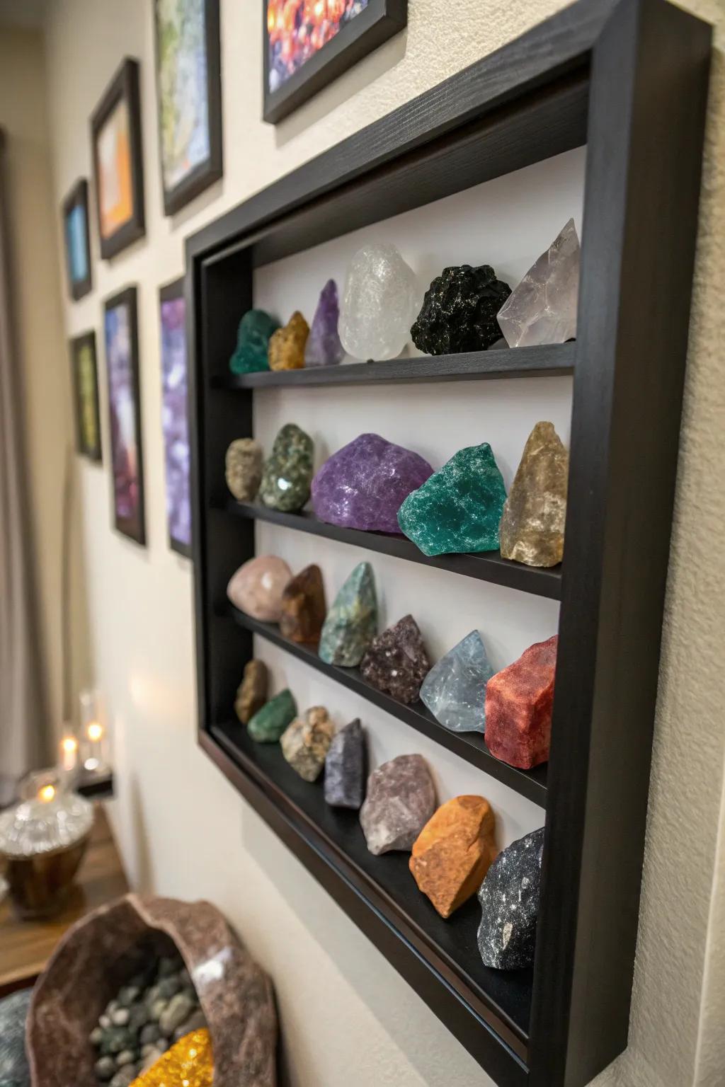 A display case presenting crystals as unique wall art.