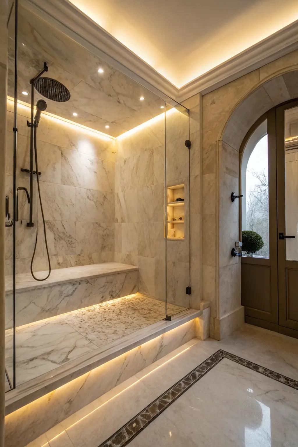 Concealed illumination contributes ambiance to cultured marble showers.