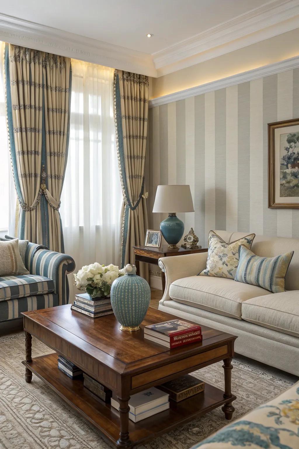 Stripe drapes deliver everlasting elegance.
