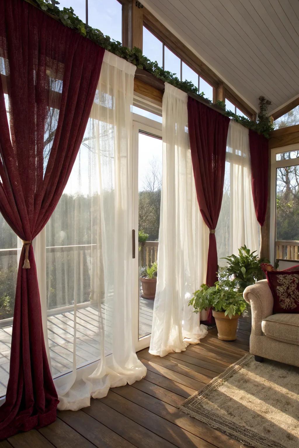 Multi-layered weaves in curtains fashion an enticing and opulent sunroom ambiance.