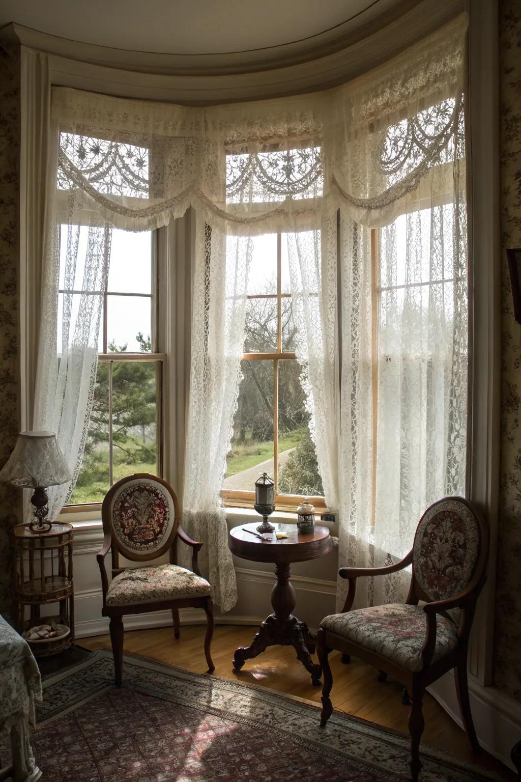 A vintage curved bay window scene.