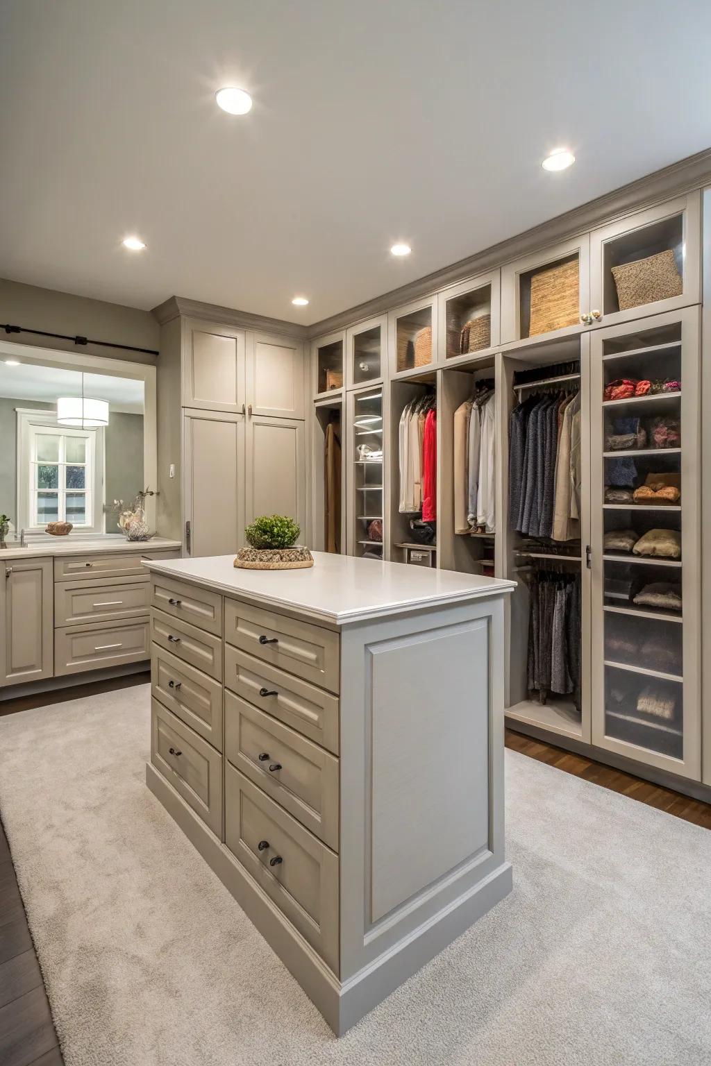 A multi-purpose island enhances closet functionality.
