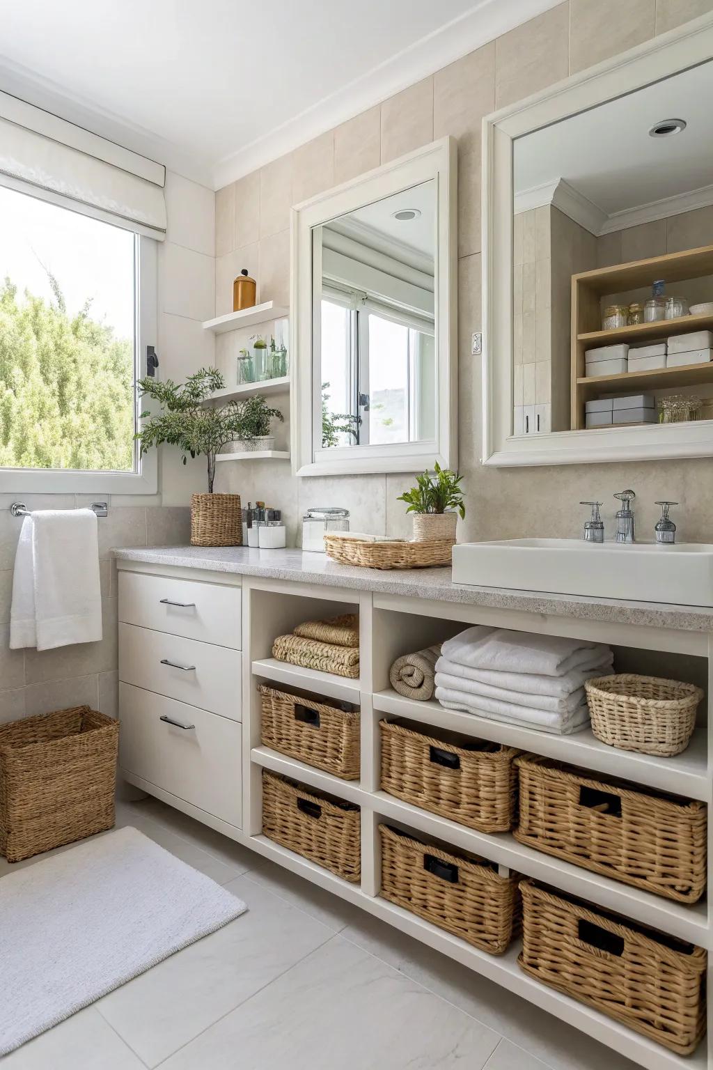 Personalized storage solutions maintain your restroom tidy and stylish.