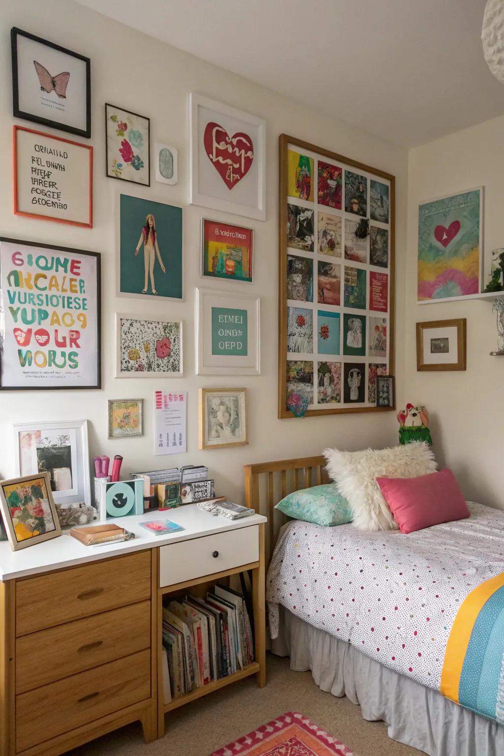 A gallery wall in a teen room designed for artistic expression.