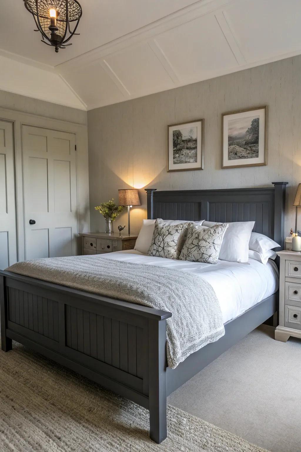 White elements offer a fresh contrast to a dark grey bed frame.