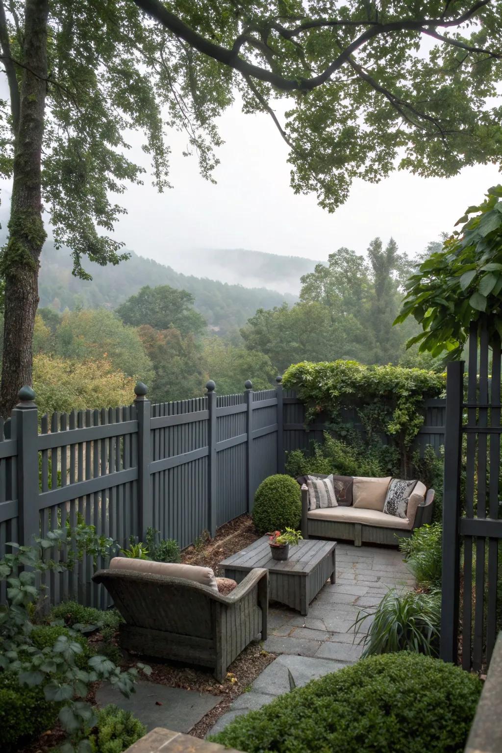 A secluded garden sanctuary with a deep charcoal boundary and lush foliage.