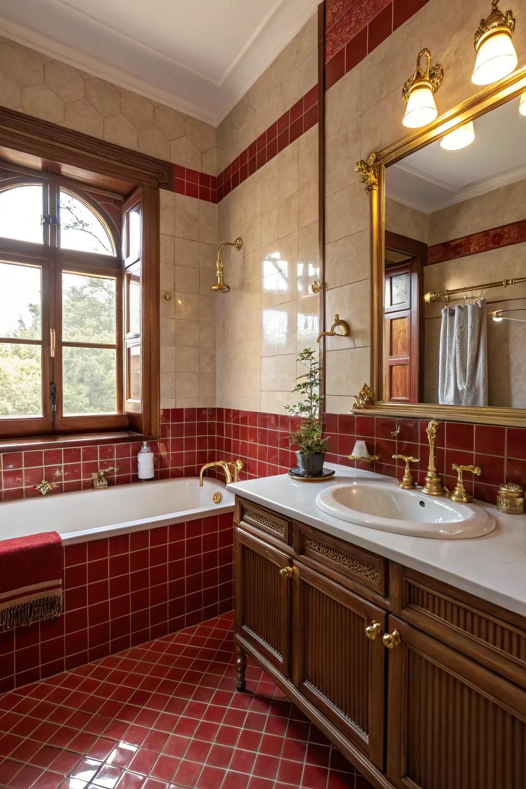 Crimson and brass construct a sophisticated and unified bathroom.