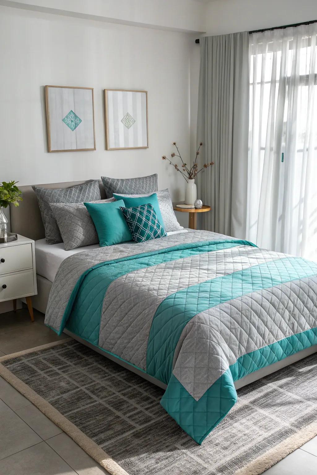 Teal and grey bedding refreshes the bedroom's look effortlessly.