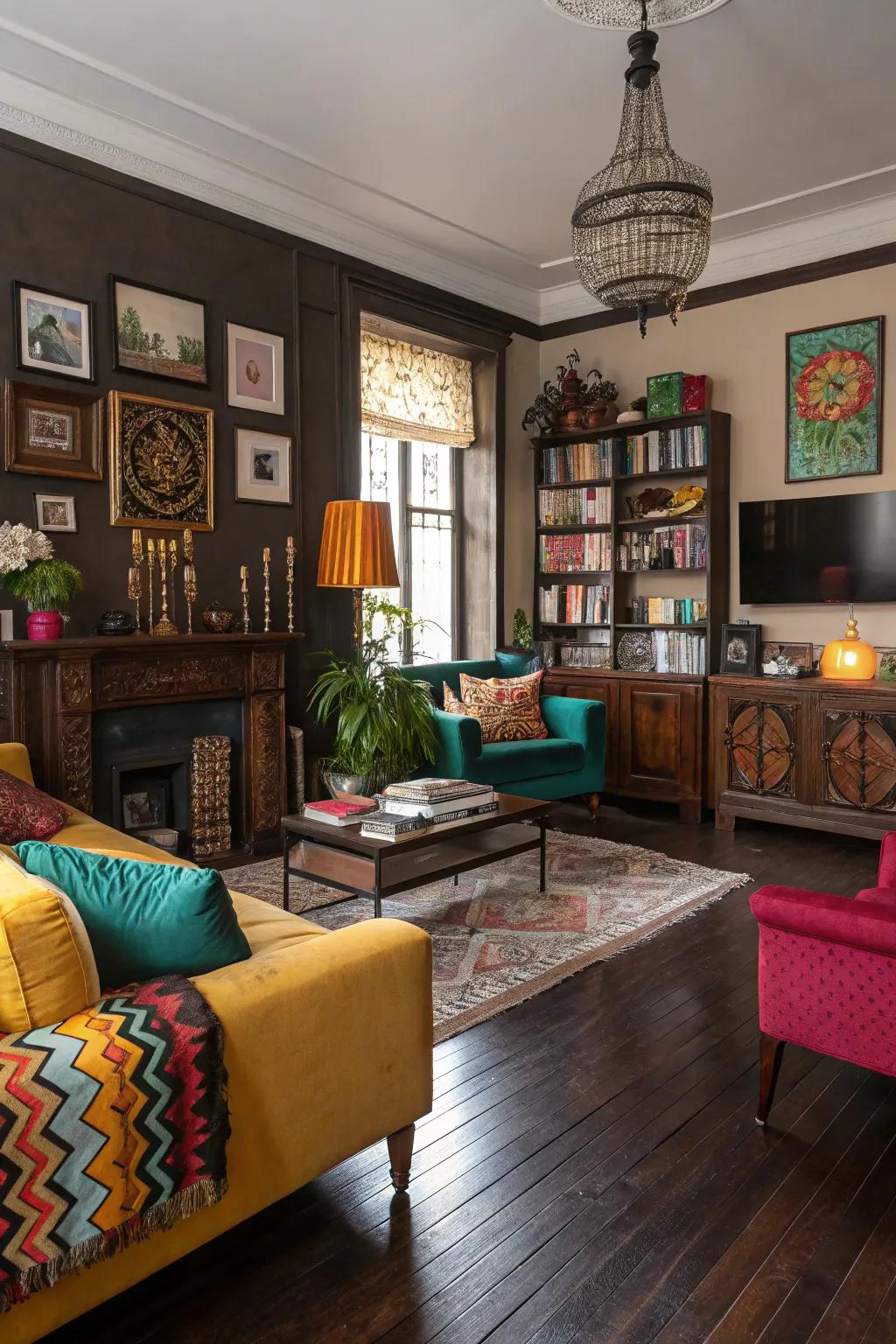 A vibrant, eclectic living area with <strong>dark wood floors</strong> and playful colors.&rdquo; loading=&rdquo;lazy&rdquo; class=&rdquo;pimg&rdquo;>
	</picture><figcaption>A vibrant, eclectic living area with <strong>dark wood floors</strong> and playful colors.</figcaption></figure>
<p>Break free from the standard with striking, playful colors. A mixture of radiant hues can produce a lively and eclectic living area.</p>
<h3>Useful items to consider:</h3>
<ul class=