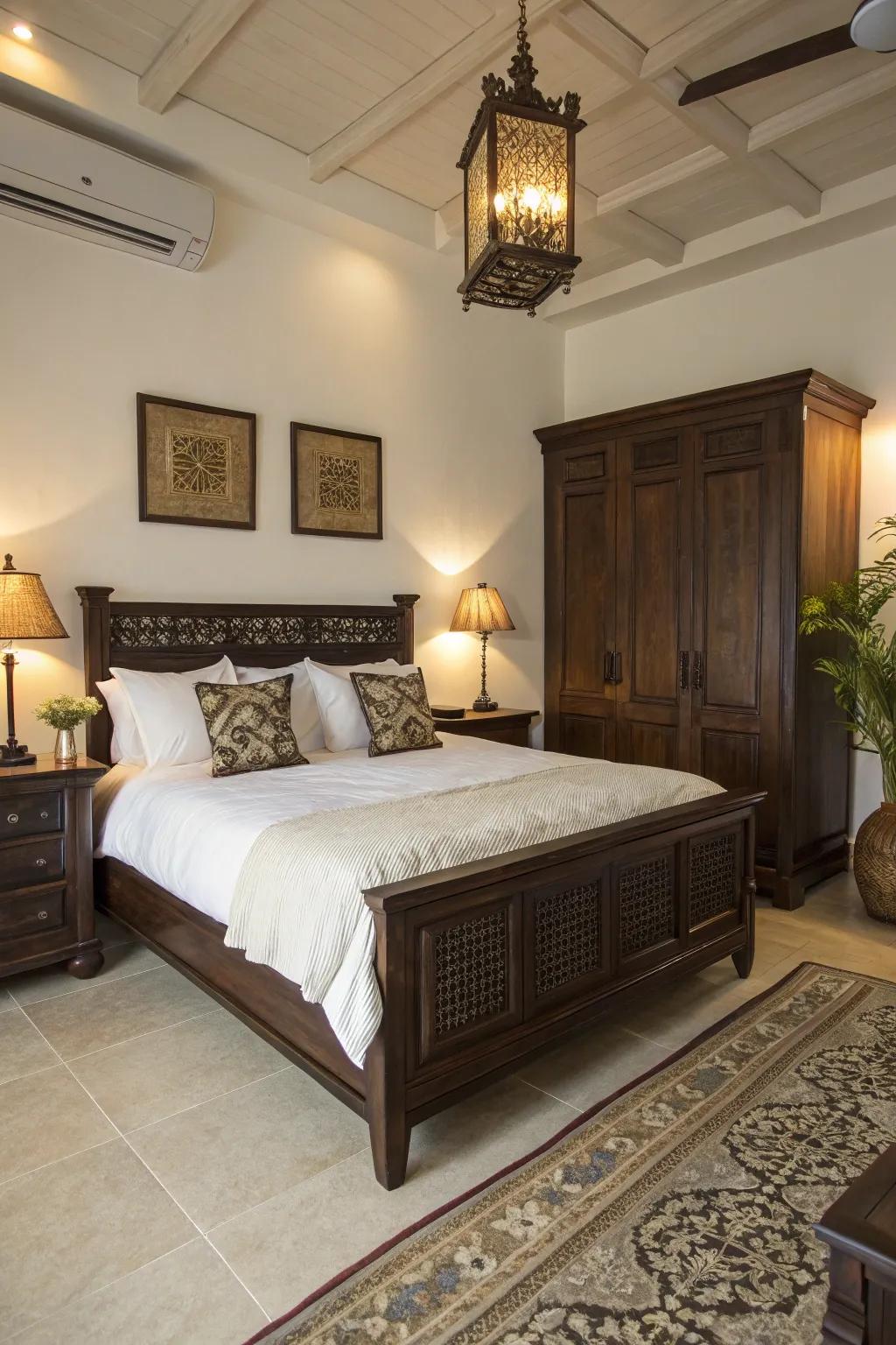 Ivory embellishments bring a sense of equilibrium to dark wood settings.