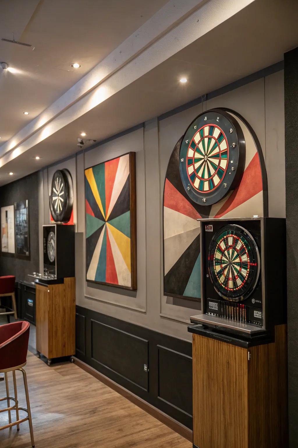 Abstract art backdrops add a modern and creative vibe to your dart room.